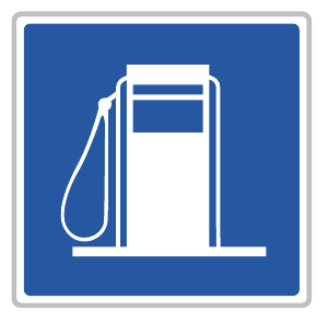 Blue square with a white fuel-pump symbol