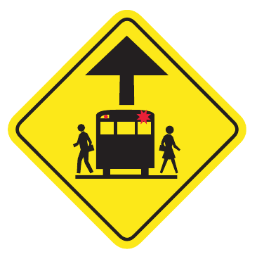 Yellow diamond showing a school bus, children and an upward arrow
