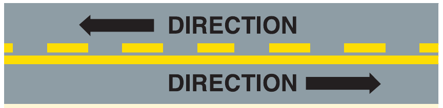Opposing traffic with a solid yellow line on one side and a broken line on the other