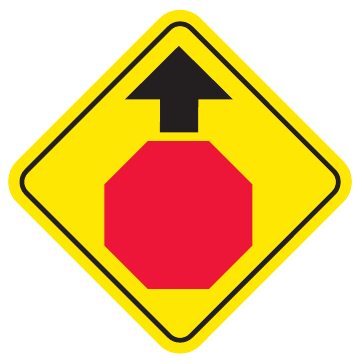 Yellow diamond with a black upward arrow above a red octagon